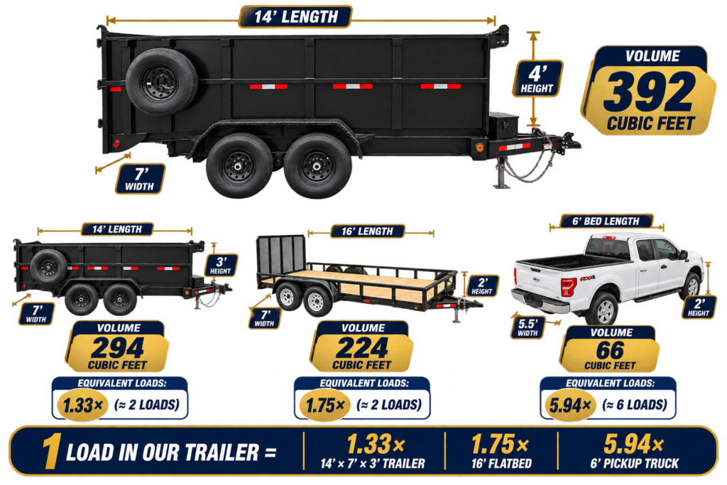 KB Haul Heroes 14.5 cubic yard trailer capacity compared to dump trailers, flatbeds, and pickup trucks in Northwest Arkansas