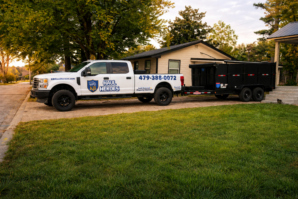 KB Haul Heroes branded truck and 14.5 cubic yard dump trailer parked in a Northwest Arkansas driveway